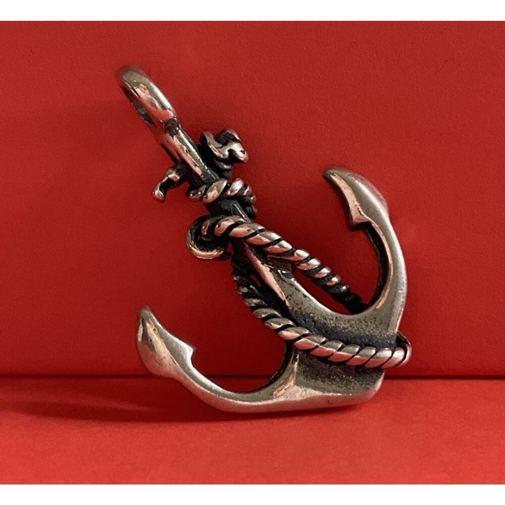 Vintage Sterling Silver Nautical Anchor Charm Pendant Rope Detail Sailor Boho